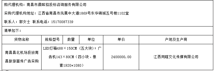 南昌市晨晖招投标咨询服务有限公司关于南昌昌北机场投放南昌旅游宣传广告采购项目（采购编号：ncch2017-d0106）单一来源成交结果公告