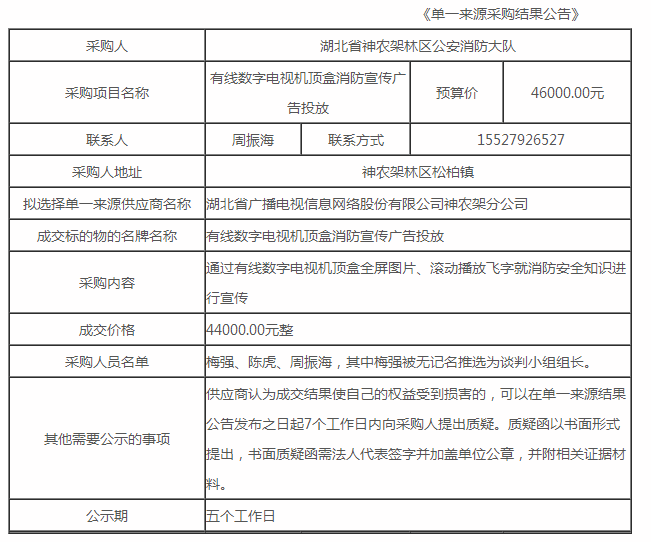 有线数字电视机顶盒消防宣传广告投放单一来源采购结果公告