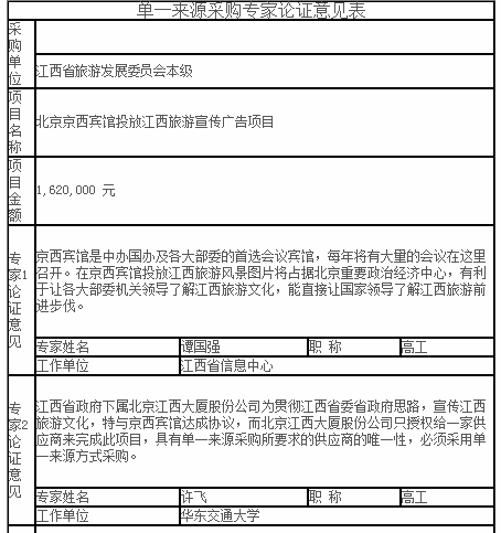 北京京西宾馆投放江西旅游宣传广告项目