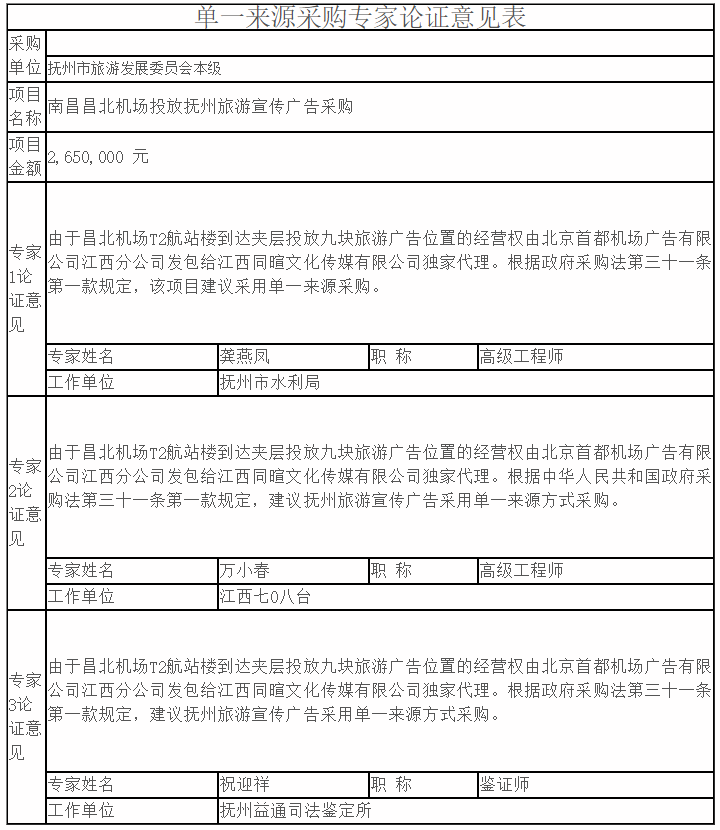 南昌昌北机场投放抚州旅游宣传广告单一来源采购征求意见公示